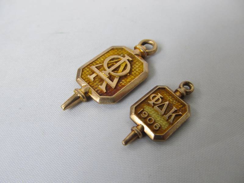 lot 177 image: Pair of Original Antique 14K Gold Phi Delta Kappa Fraternal Key Pendants