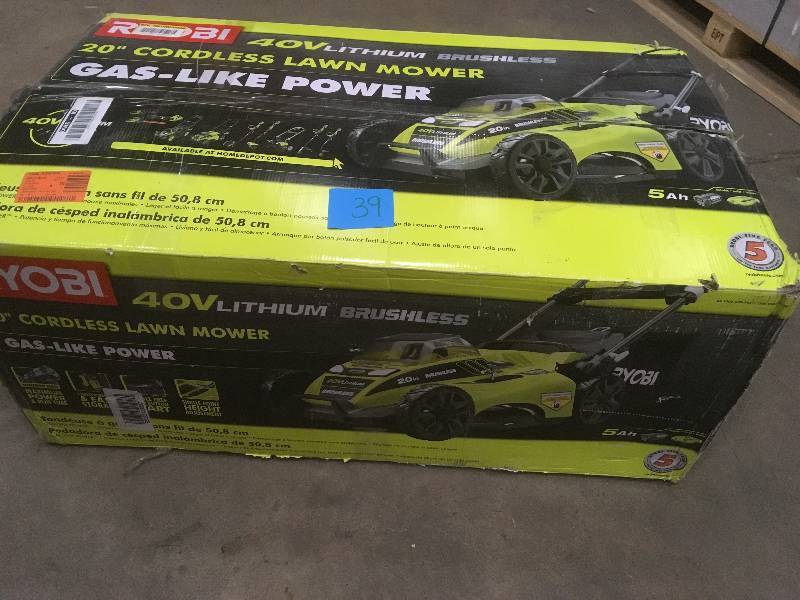 lot 39 image: Ryobi 20 in. 40-Volt Brushless Lithium-Ion Cordless Battery Walk Behind Push Lawn Mower 5.0 Ah Battery and Charger Included not used