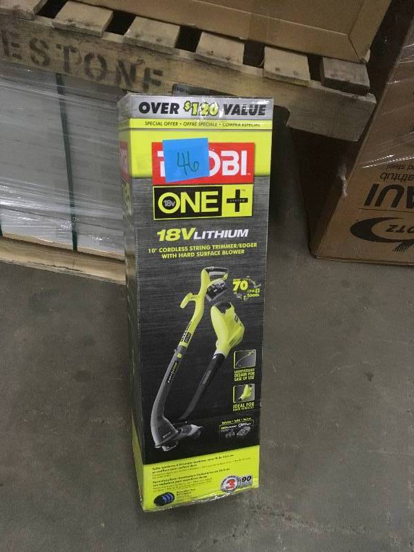 lot 46 image: Ryobi 18-Volt Lithium-Ion Cordless String TrimmerEdger and BlowerSweeper Combo Kit - 2.6 Ah Battery and Charger Included not used