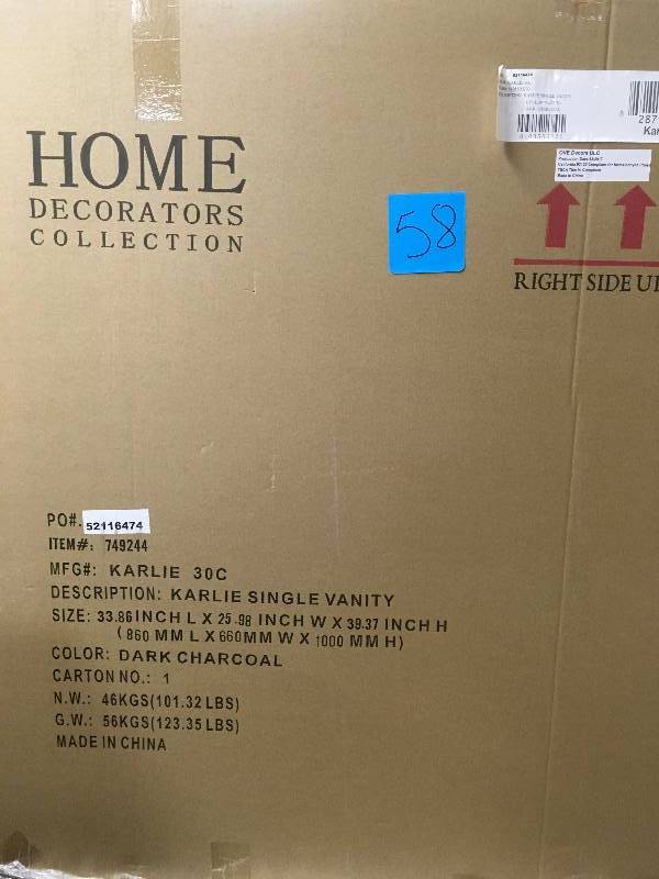 lot 58 image: Home Decorators Karlie 30 in. W x 22 in. D Bath Vanity in Dark Charcoal with Natural Marble Vanity Top in White not used