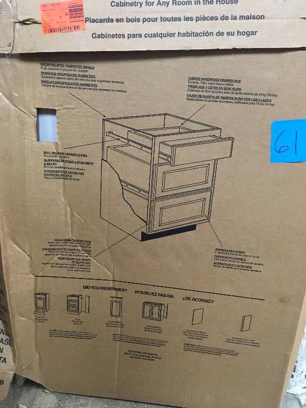 lot 61 image: Hampton Bay Shaker Assembled 30x34.5x24 in. Pots and Pans Drawer Base Kitchen Cabinet in Dove Gray