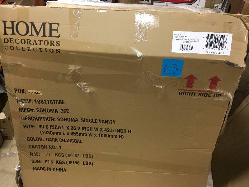 lot 63 image: Home Decorator Sonoma 36 in. W x 22 in. D Bath Vanity in Dark Charcoal with Natural Marble Vanity Top in GreyWhite
