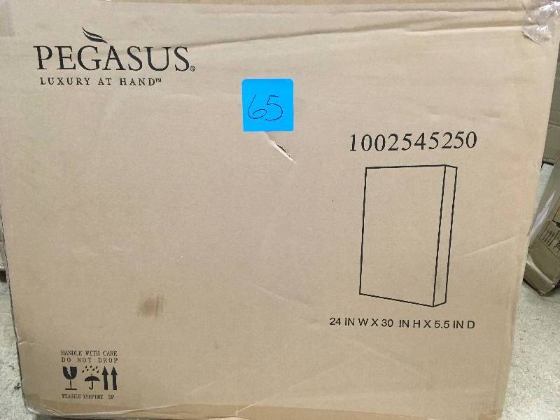 lot 65 image: Pegasus 24 in. W x 30 in. H Framed Recessed or Surface-Mount Bathroom Medicine Cabinet with Deco Framed Door in Brushed Nickel not used