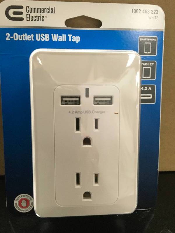 lot 88 image: Lot of 6 Commercial Electric 2-AC Outlet 2-USB 4.2 Amp Shared, White New