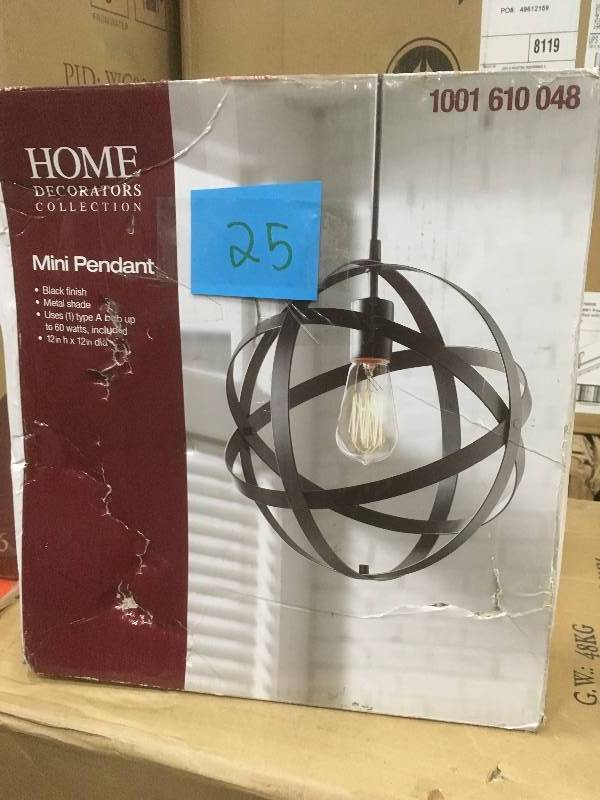 lot 25 image: HOME DECORATOR 1-Light Black Orb Mini Pendant with Black Metal Strap Design missing light bulb not used