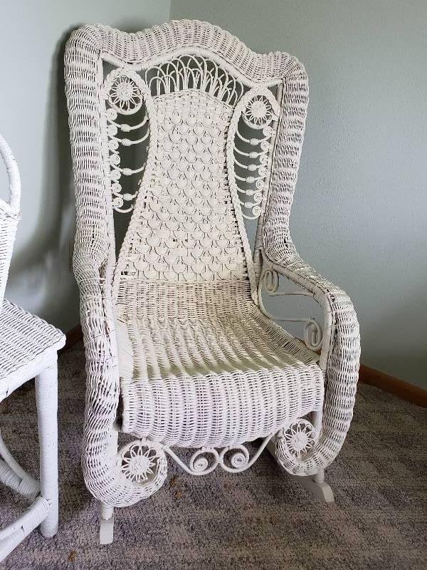 lot 9 image: White Wicker Furniture, Rocking Chair, Side Table, etc.