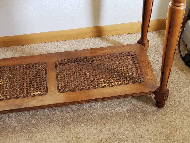 lot 14 image: Wood, Wicker, Glass Topped Table
