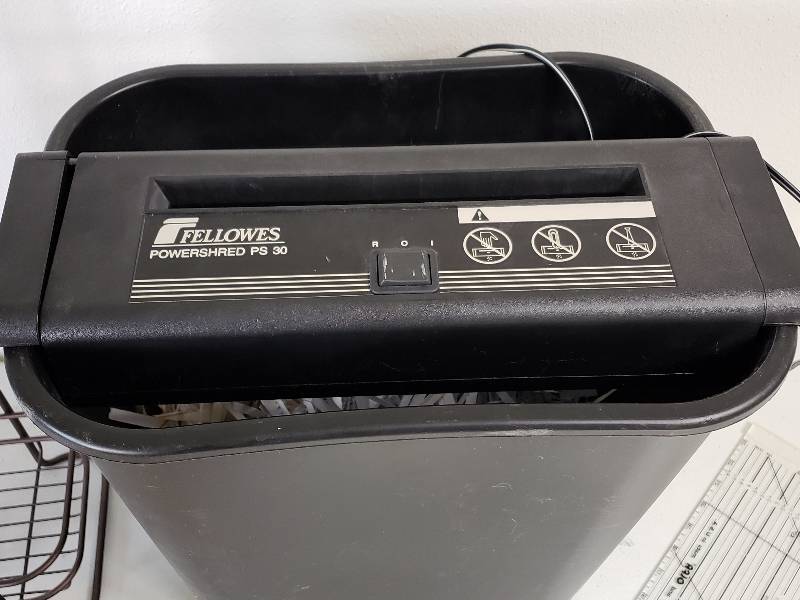 lot 32 image: Fellowes Paper Shredder, Paper Cutter, Rack, etc.