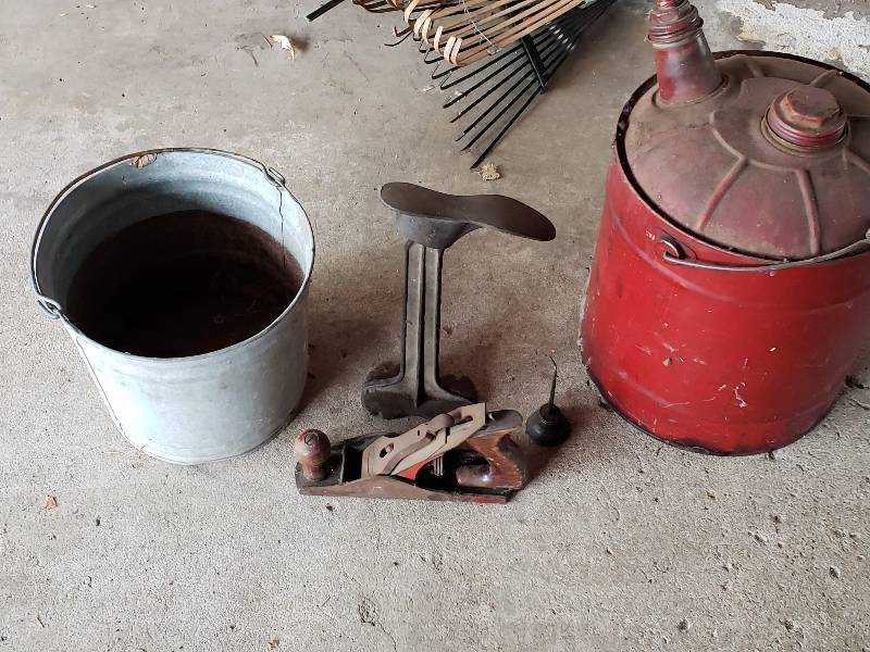 lot 75 image: Boot Form, Oil Can, Galvinized Bucket, Metal Gas Can