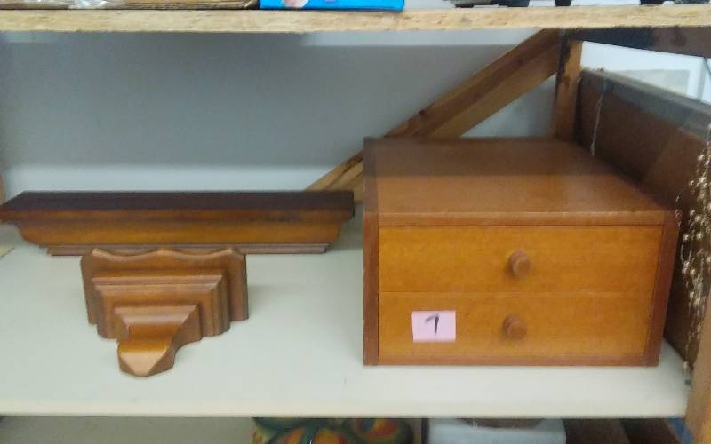 lot 7 image: Wood 2 Drawer Stash Box 18x15x8 (Made In Denmark), Wood Wall Shelves