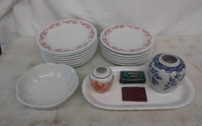 lot 14 image: McCoy Pale Blue Bowl, Asian Vases, Soaps, Mayer China-Beaver Falls