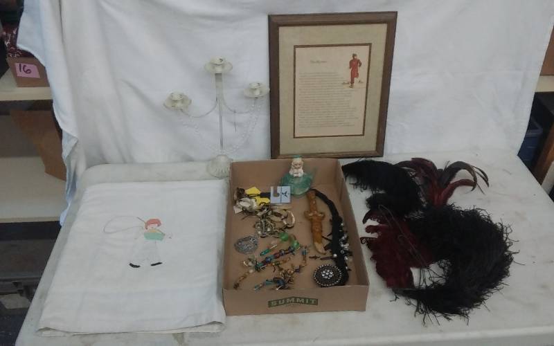 lot 17 image: Vintage PatchworkEmbroidered Quilt, Feathers, Beads, Trinkets