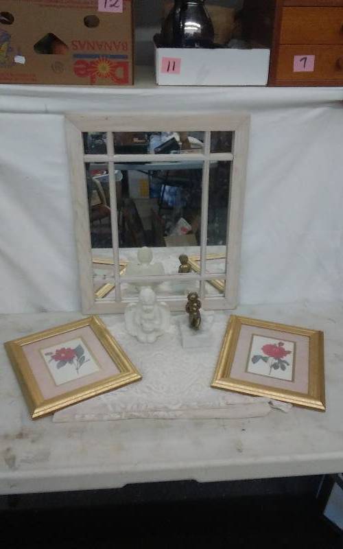 lot 18 image: Window Pane Mirror (19x23), Floral Pictures, Cherubs, Lace Panel