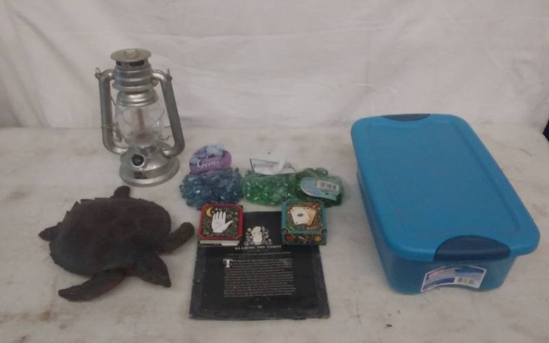 lot 24 image: Lantern, Tarot Cards, Glass Stones, Rubber Turtle