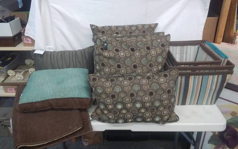 lot 27 image: Decorative Pillows (Newport Down), Runner Rug, Fabric Storage Bins (Teal & Brown Tones)