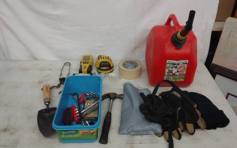 lot 42 image: Gas Can, Gloves, Straight Line Rolling Tape, Laser Level, Hand Tools