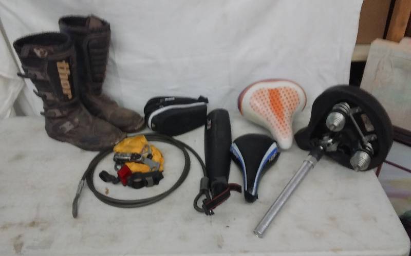 lot 43 image: Bicycle Seat, Fender, Lock, Bag, Moto-Cross Boots