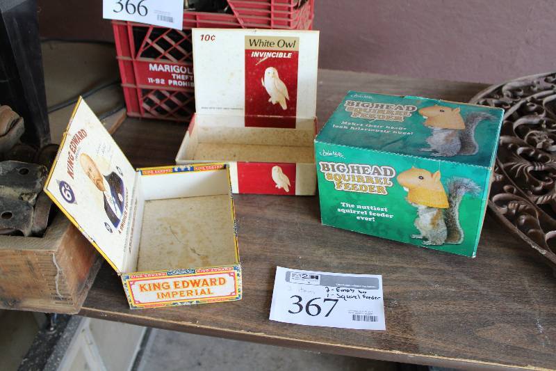 lot 367 image: Lot of (3) Misc - 2) Empty Cigar Boxes, 1) Squirrel Feeder