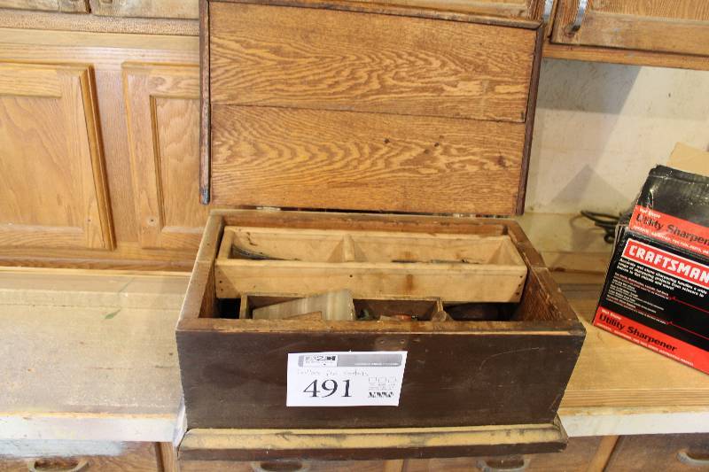 lot 491 image: Wood Tool Box w Tools - Wood Files, Chisels, And More