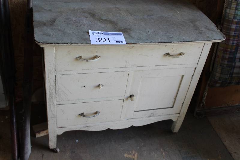 lot 391 image: 1-Door 3-Drawer Wood Cabinet Table