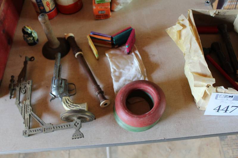 lot 447 image: Miniature  Horseshoes, 6-Shooter, Hammer, Duck Calls, And More
