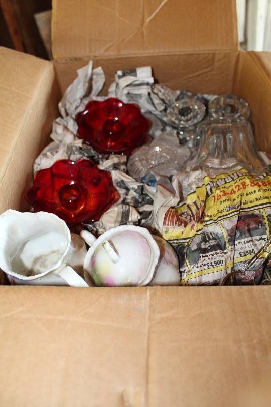 lot 408 image: China Serving Bowls w Lids, Glass Serving Bowl, Glass Candle Holders