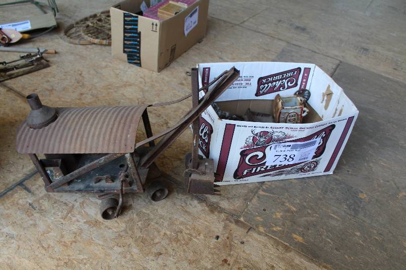 lot 738 image: Vintage Metal Toys - Horse Carriages, Train Cars, Trucks, Farm Implements