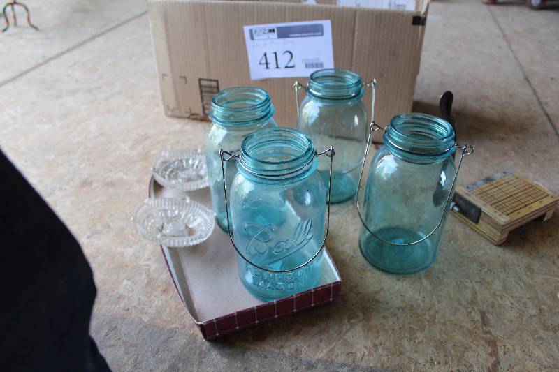 lot 412 image: Ball Glass Jars w Lids, Ash Trays, Paper Cutter