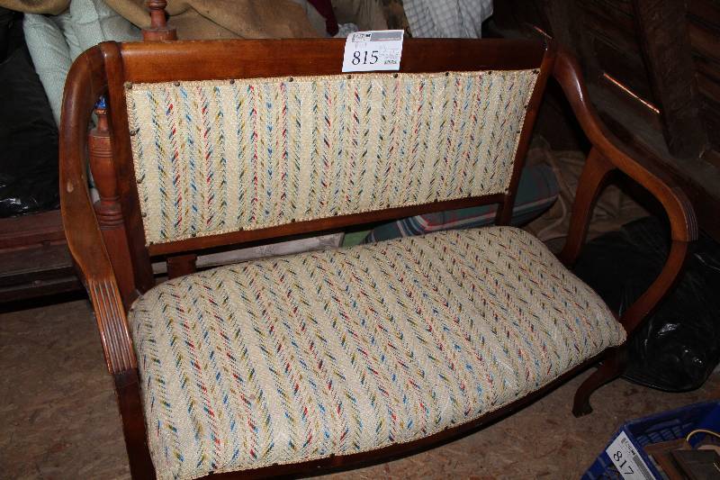 lot 815 image: Wood Arm Bench w Decorative Fabric Seat Back, Bottom