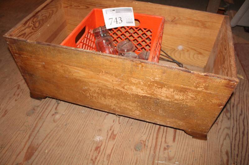 lot 743 image: Wood Chest w Glass Canning Jars