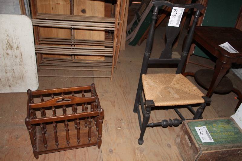 lot 838 image: Wood Chair w Wicker Bottom, Wood Magazine Rack