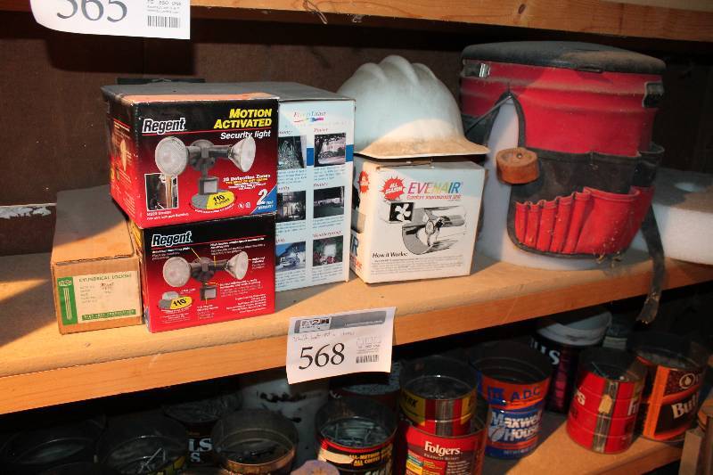 lot 568 image: Hard Hat, Regent Security Lights, Tool Bucket, And More