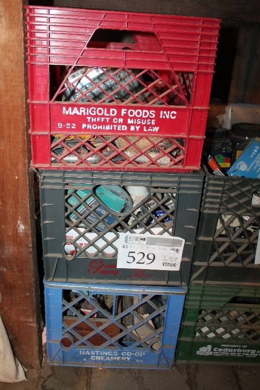 lot 529 image: Lot of (3) Bins of Misc - Paint Brushes, String, Electrical Outlets