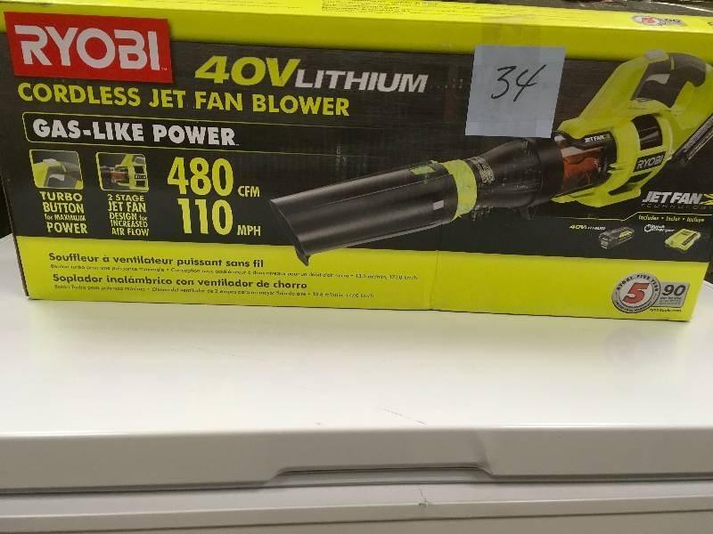 Ryobi 110 MPH 480 CFM Variable-Speed 40-Volt Lithium-Ion Cordless Jet Fan Leaf Blower - Battery and Charger Included not used