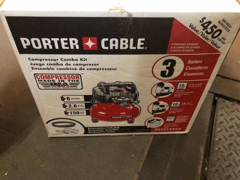 Porter-Cable 6 Gal. 150 PSI Portable Electric Air Compressor, 16-Gauge Nailer, 18-Gauge Nailer and 38 in. Stapler Combo Kit (3-Tool) Model#  PCFP12234 not used