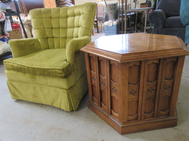 lot 210 image: GREEN CLUB CHAIR AND HEXAGON TABLE