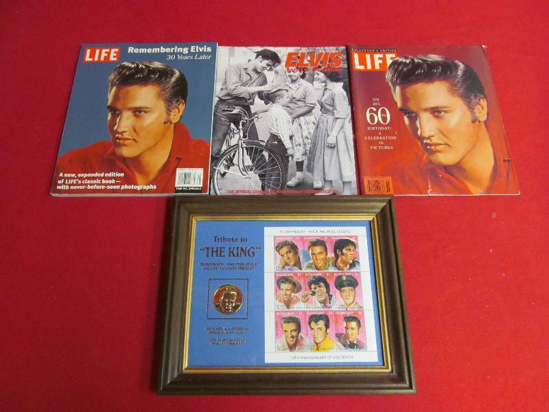 lot 11 image: Life, Elvis magazines, Tribute stamp sheet, 24kt gold layered medal