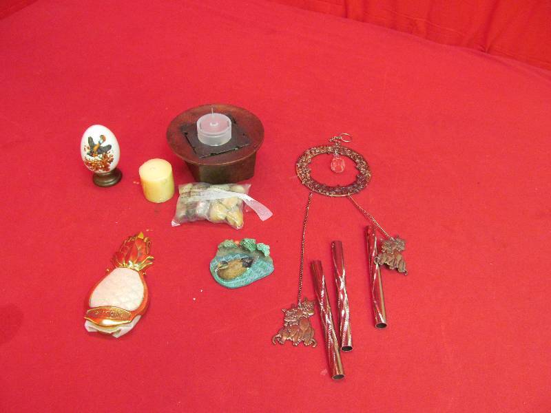 lot 39 image: rock water fall,  brass door knocker, wind chime