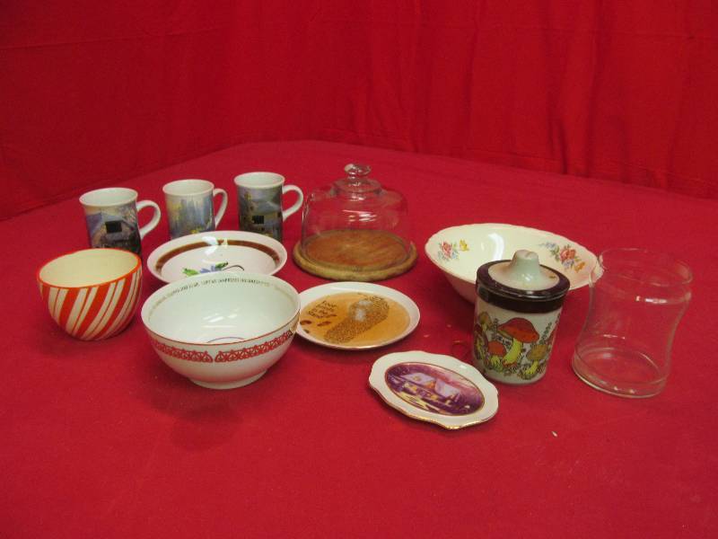 lot 53 image: vintage serving bowls, cheese dome, Thomas Kincaid cups