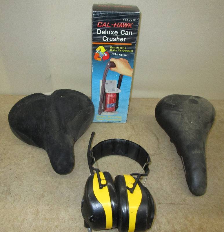 2 Nice Bike Seats, Deluxe Can Crusher and Bell and Mongoose Bike Seats and 3M Tekk Radio Headphones
