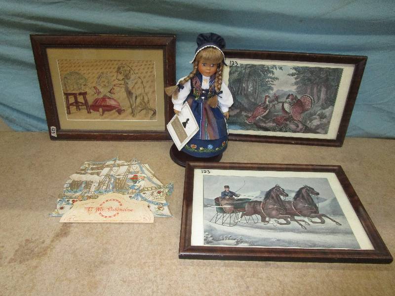 3 Pictures, Old Valentine and Schneider Porcelein Doll with Stand