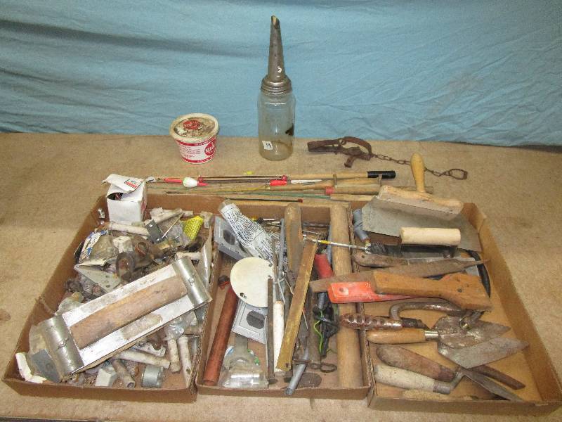 Ice Fishing Poles, Tools, Victor Trap, Hand Sander, Trollys and Various Items