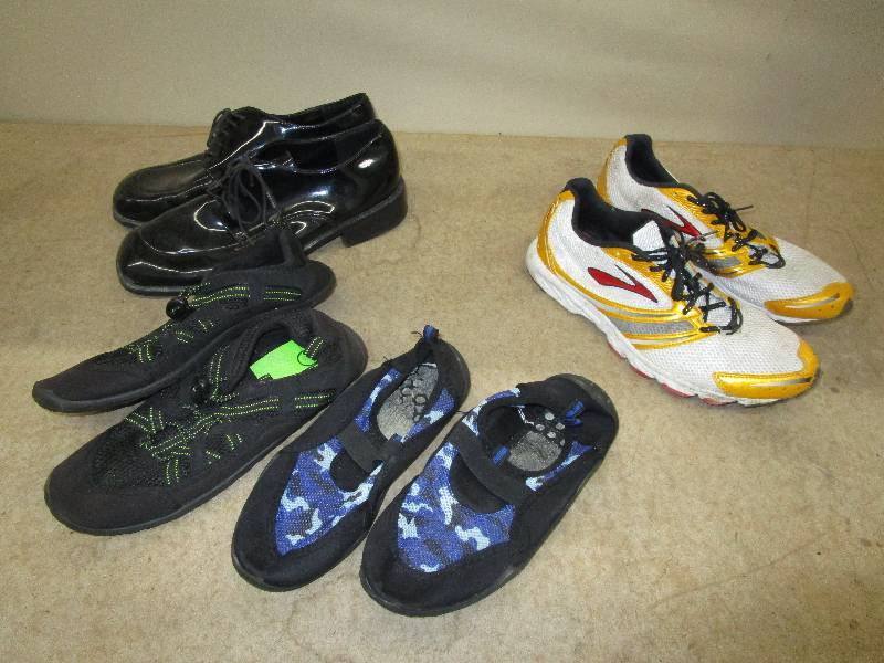 3 Pairs of Shoes, 2 water shoes7-8 and 6, Dress shoes size 13 and Tennios Shoes 10.5