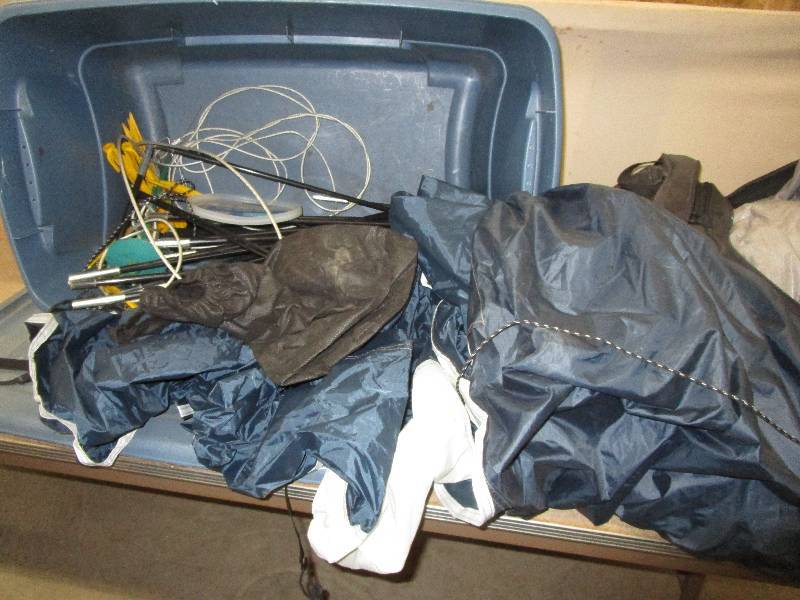 2 Tents but I think one set of poles are missing, Tub and Bag.