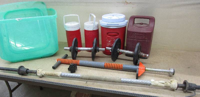 Tub, Pogo Stick, Weights, Water Jugs