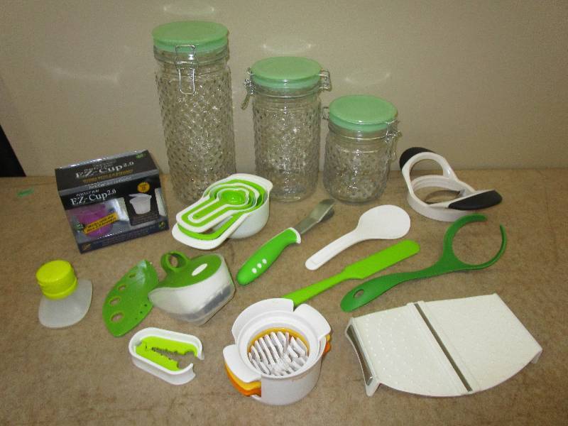Various Kitchen Supplies, Jars and Utensils