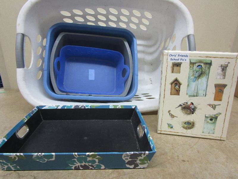 3 Plastic Bins, 2 pattered Boxes, Laundry Basket