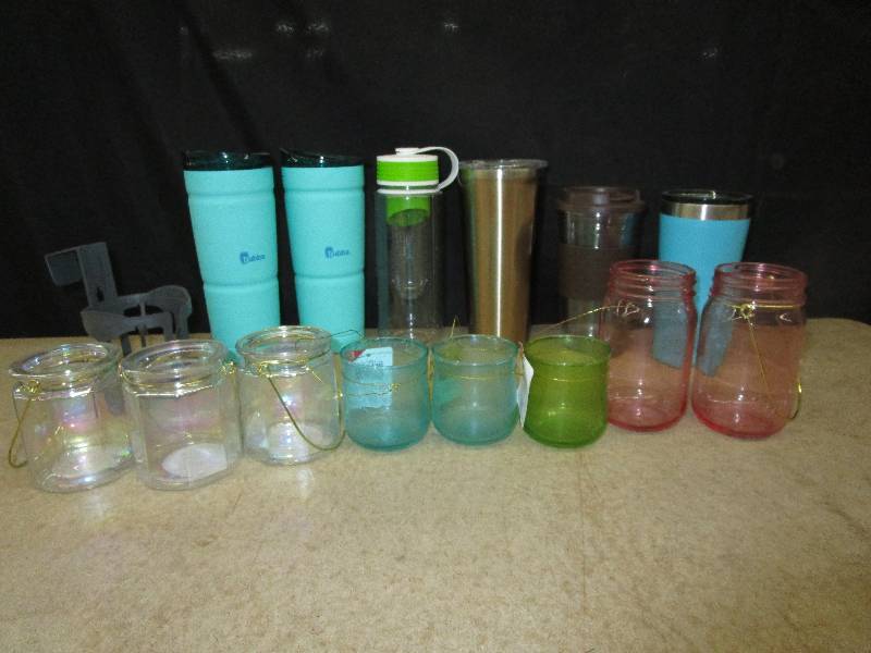 Lots of Thermos Coffee Cups, and Hanging Glass Jars