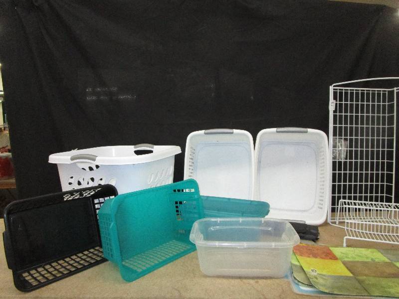 Wired Wall Shelf, Multiple Plastic Containers, Laundry Baskets, Table Mats