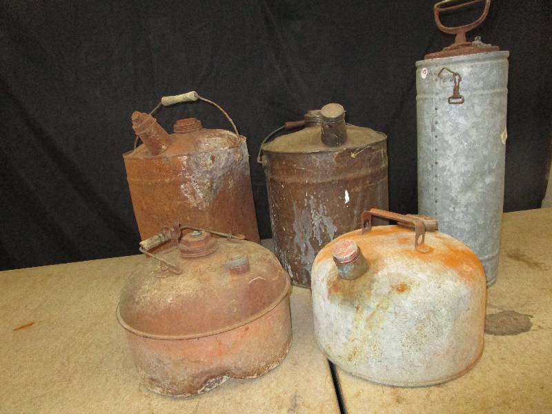 Lot of 5 Antique Metal Gas cans and Containers